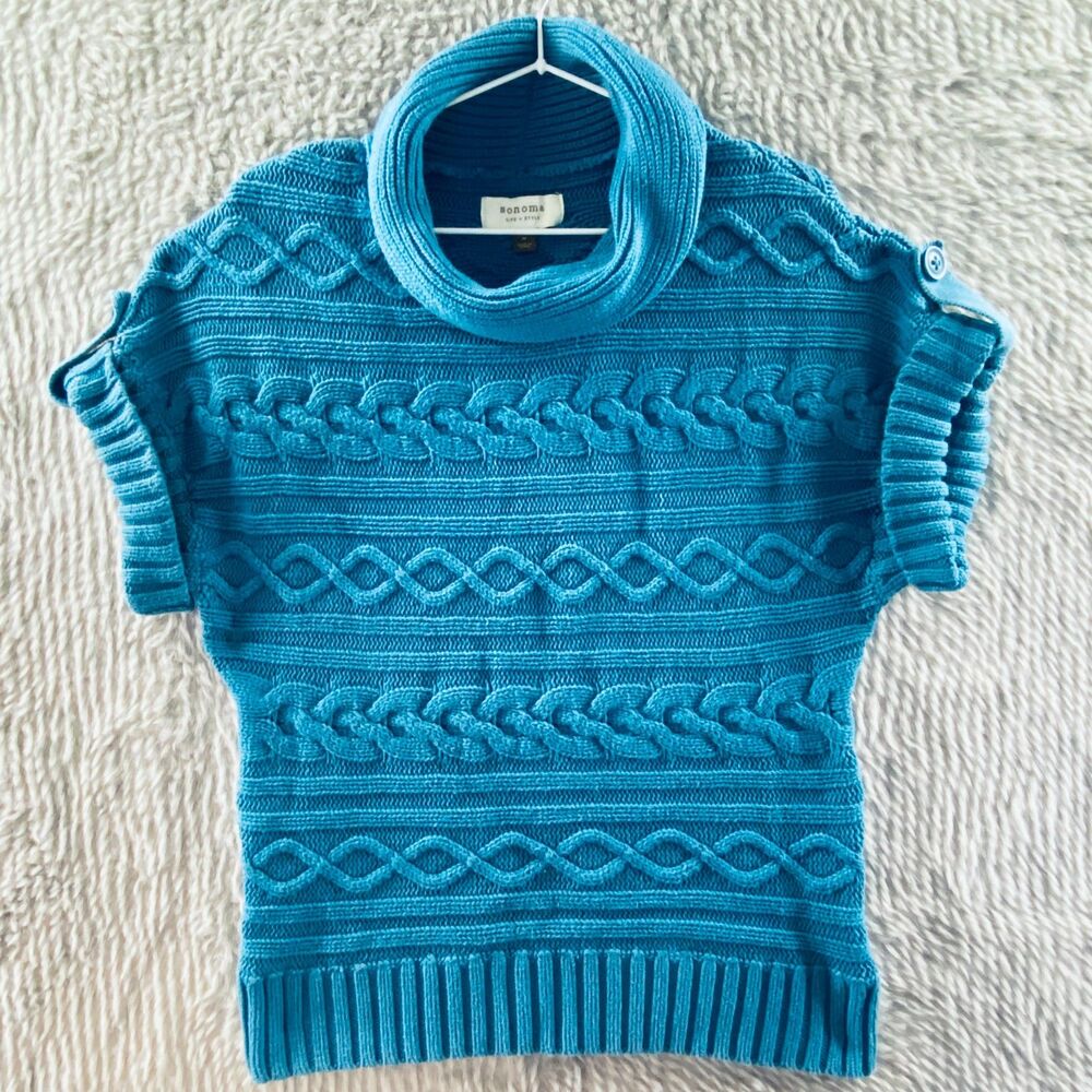 Sonoma Women's Sweater Cable Knit Short Sleeve Cowl Neck Blue Medium